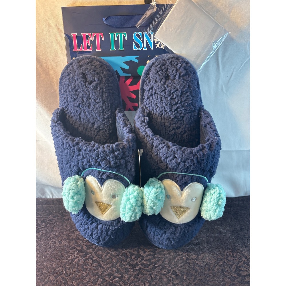 Navy Blue Penguin Plush Slippers Womens XL 11-12 Sherpa House Shoes Gift Set